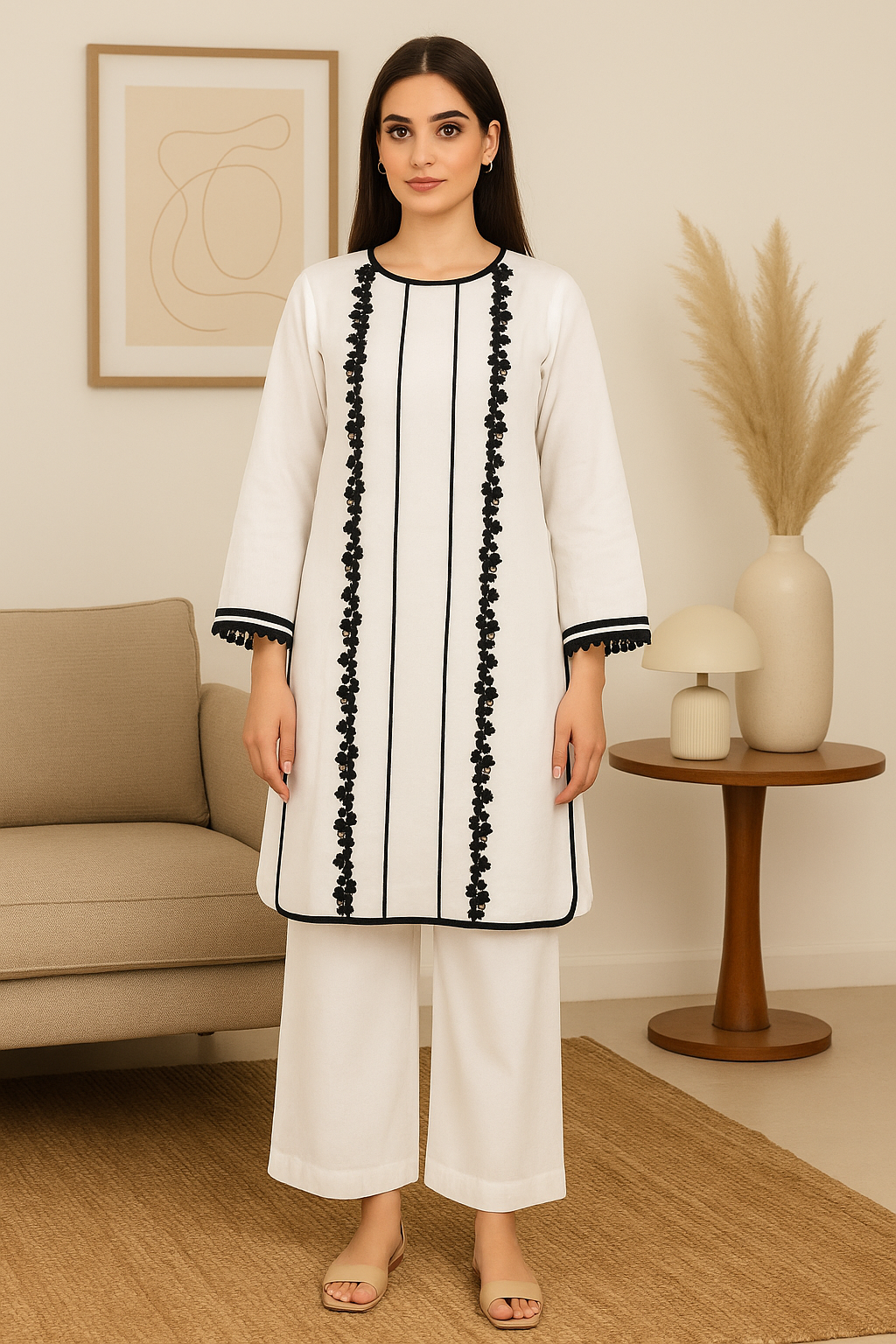 White Embroidered Cotton 2 Piece – Shirt & Trouser (Ready to Wear)