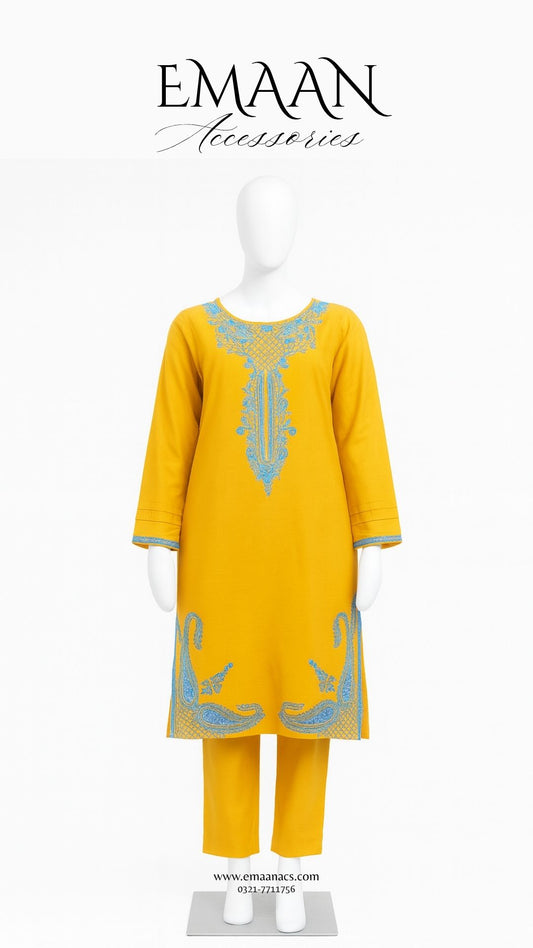 Yellow Embroidered Khaddar 2 Piece – Shirt & Trouser (Ready to Wear)