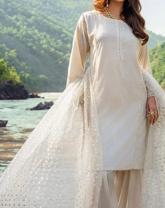 Oatmeal Lawn & Jacquard 2 Piece – Shirt & Dupatta (Ready to Wear)