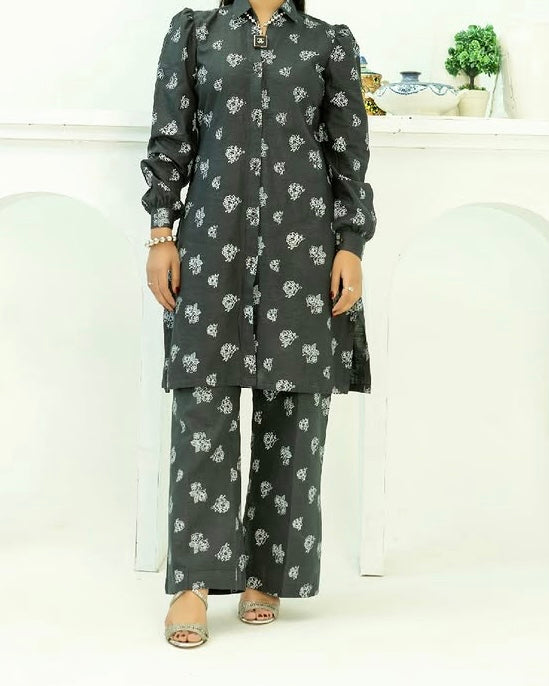 Black Printed Winter Cotton 2 Piece – Shirt & Trouser (Ready to Wear)