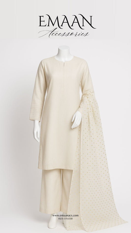 Oatmeal Lawn & Jacquard 2 Piece – Shirt & Dupatta (Ready to Wear)