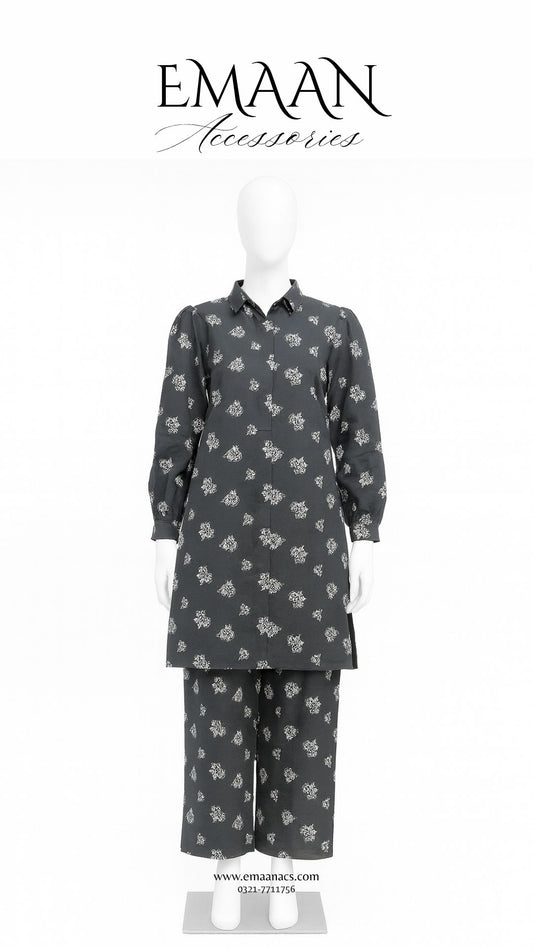 Black Printed Winter Cotton 2 Piece – Shirt & Trouser (Ready to Wear)