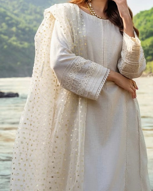 Oatmeal Lawn & Jacquard 2 Piece – Shirt & Dupatta (Ready to Wear)