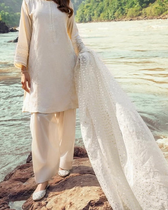 Oatmeal Lawn & Jacquard 2 Piece – Shirt & Dupatta (Ready to Wear)