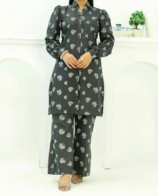 Black Printed Winter Cotton 2 Piece – Shirt & Trouser (Ready to Wear)