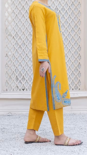 Yellow Embroidered Khaddar 2 Piece – Shirt & Trouser (Ready to Wear)