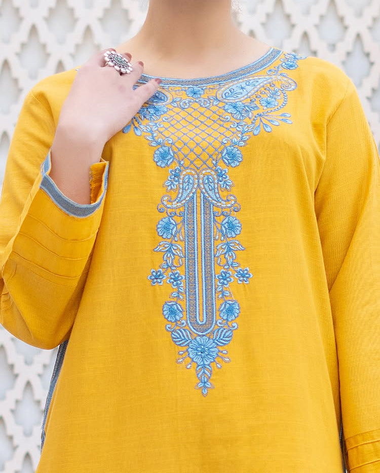 Yellow Embroidered Khaddar 2 Piece – Shirt & Trouser (Ready to Wear)