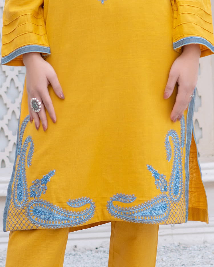 Yellow Embroidered Khaddar 2 Piece – Shirt & Trouser (Ready to Wear)
