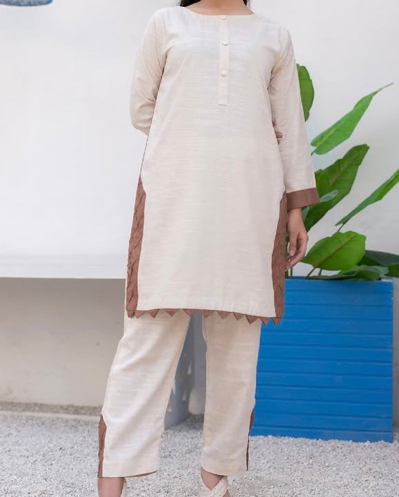 Oatmeal Khaddar 2 Piece – Shirt & Trouser (Ready to Wear)