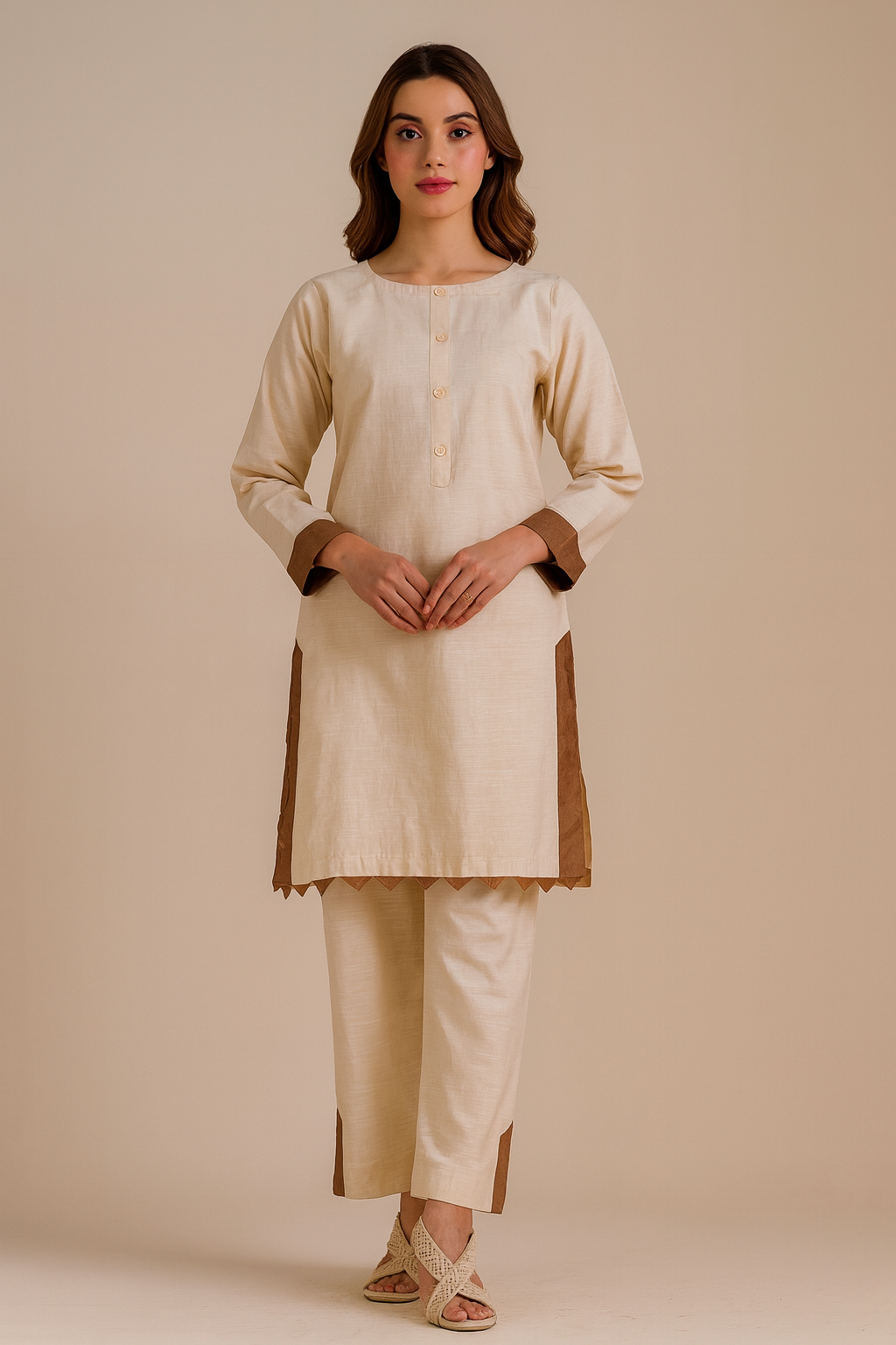 Oatmeal Khaddar 2 Piece – Shirt & Trouser (Ready to Wear)